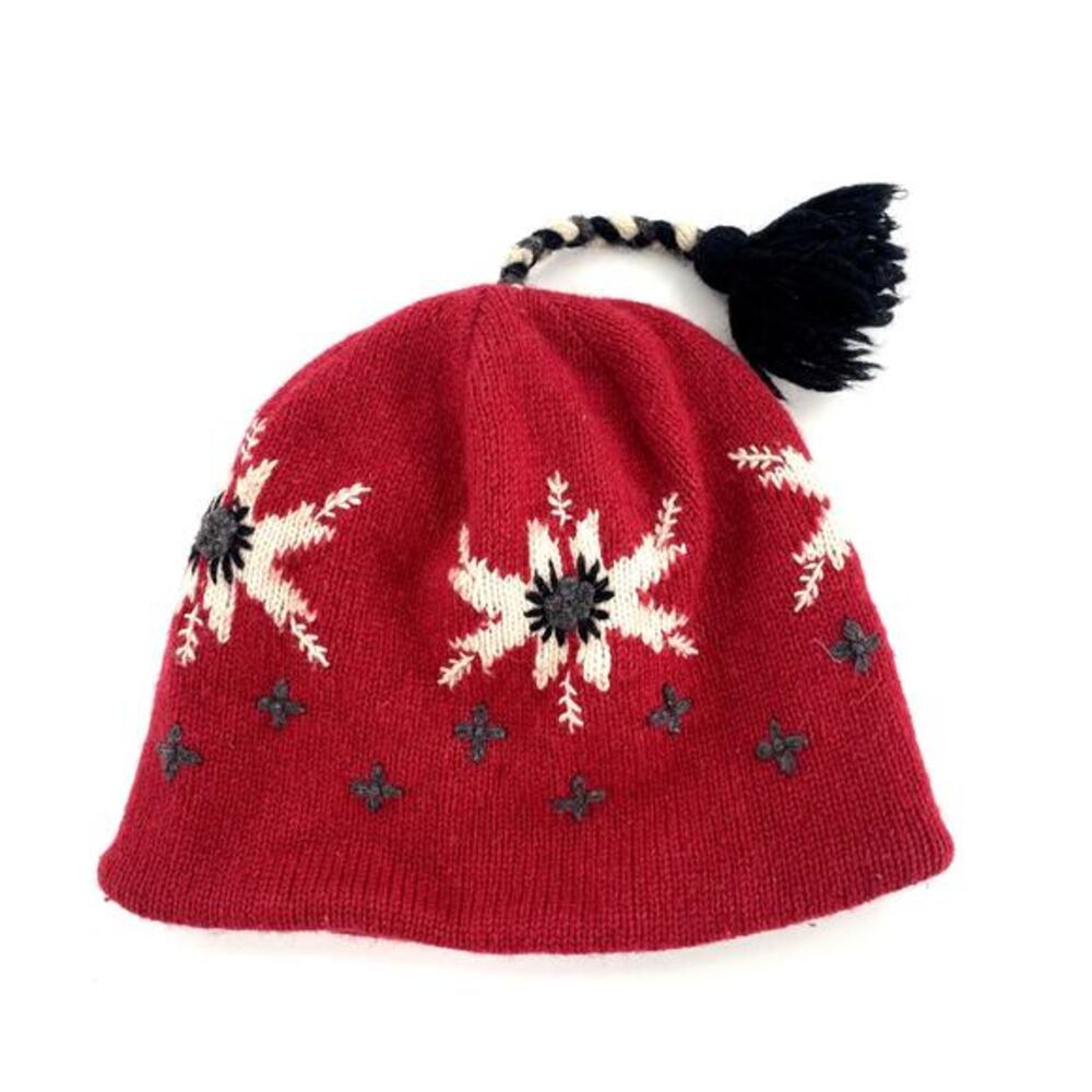 Vintage 100% Wool Knit Winter Hat Womens OS Red Snowflake Print‎ Fleece Lined